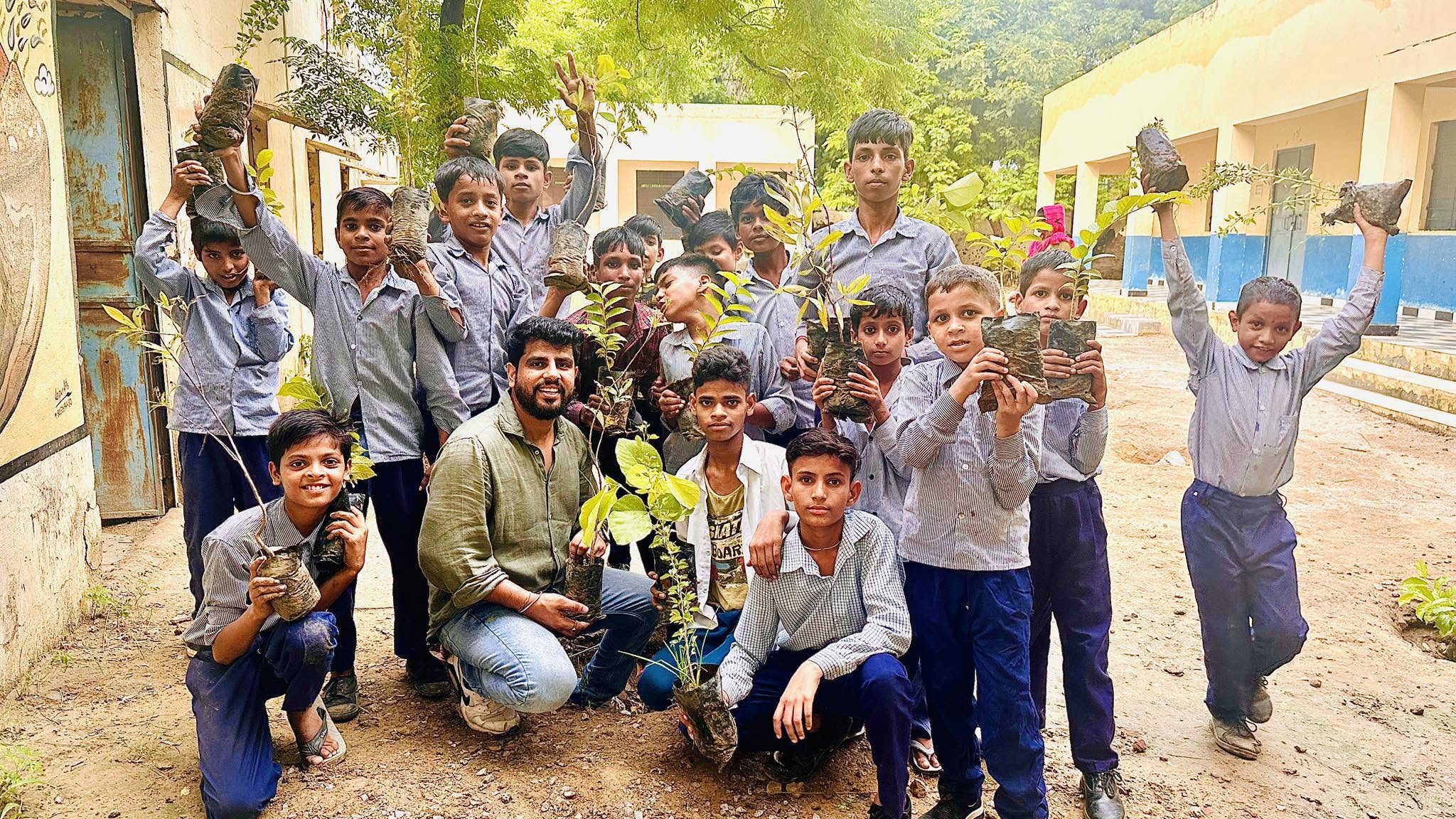 School Plantation in Haryana with Students