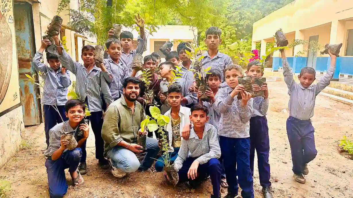 School Plantation in Haryana with Students